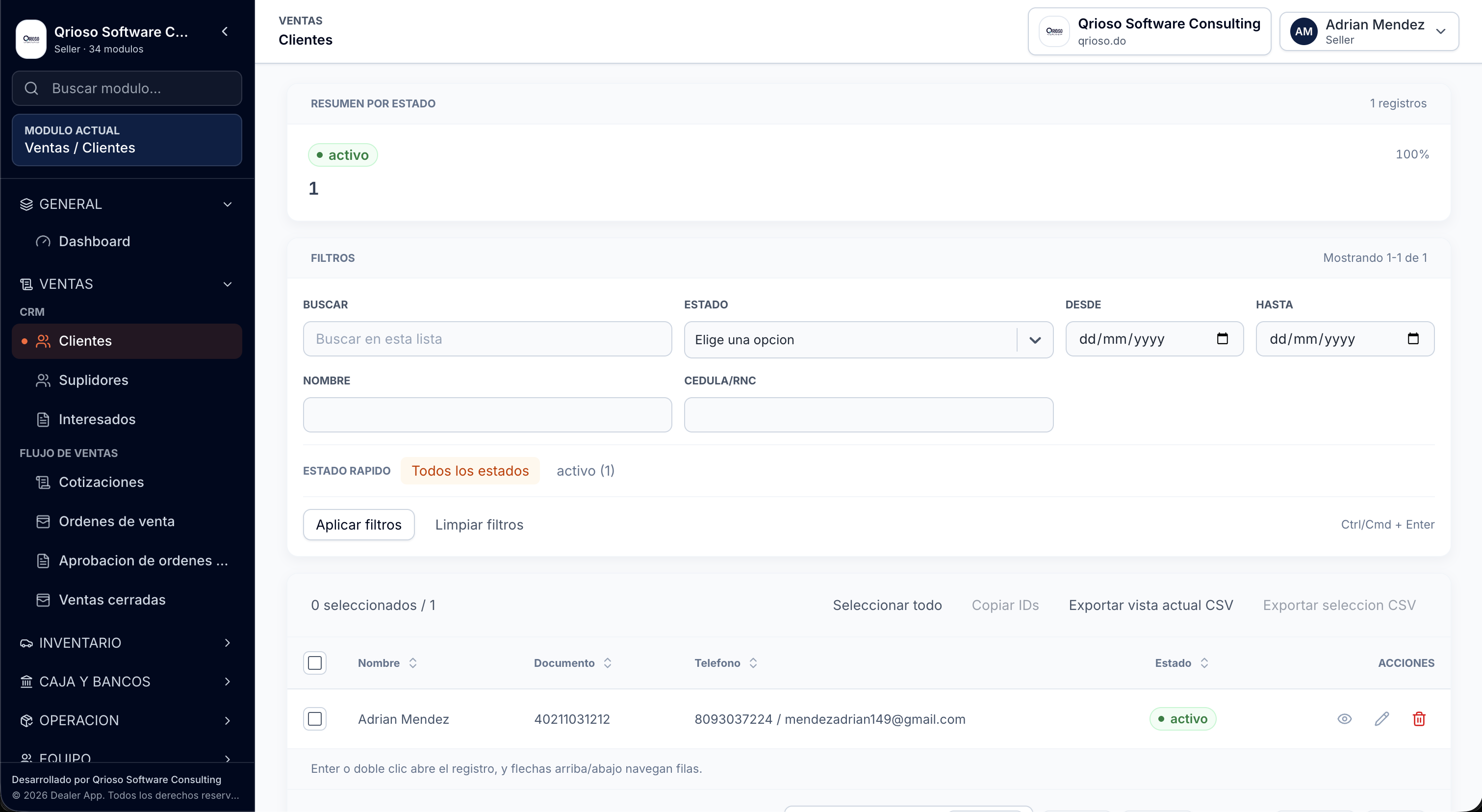 DealerApp customers screen with filters and customer table.