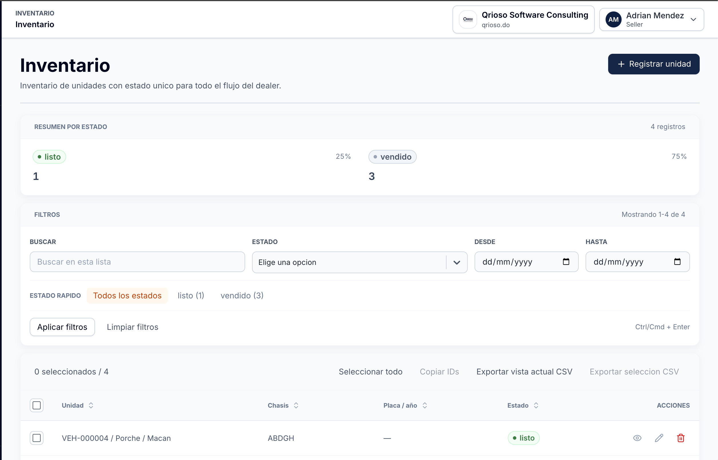 DealerApp inventory list with status summary and units table.