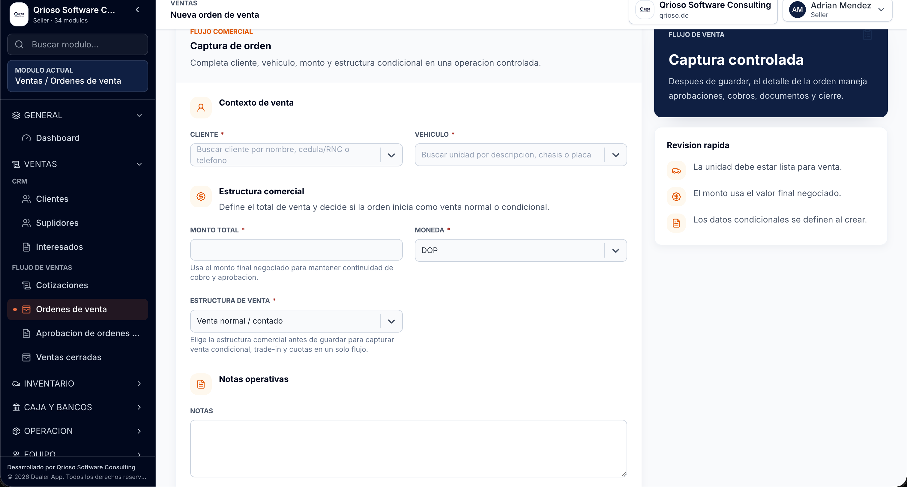 New sales order form in DealerApp with sales flow panel.