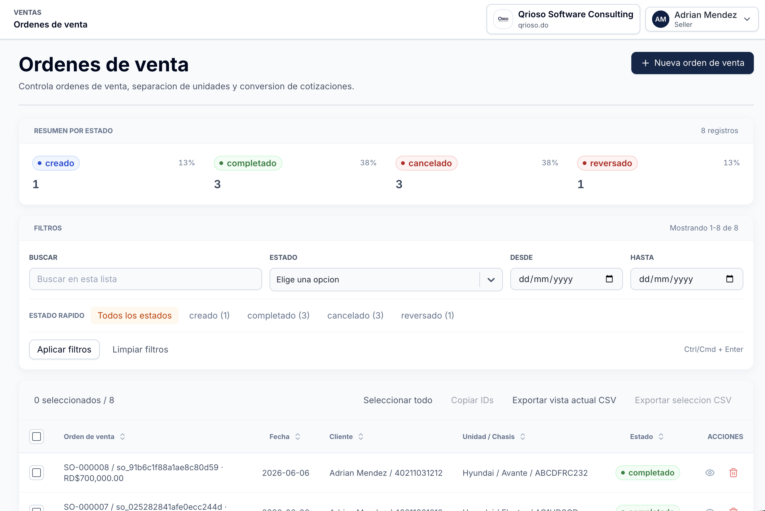 Sales orders view in DealerApp by Qrioso.