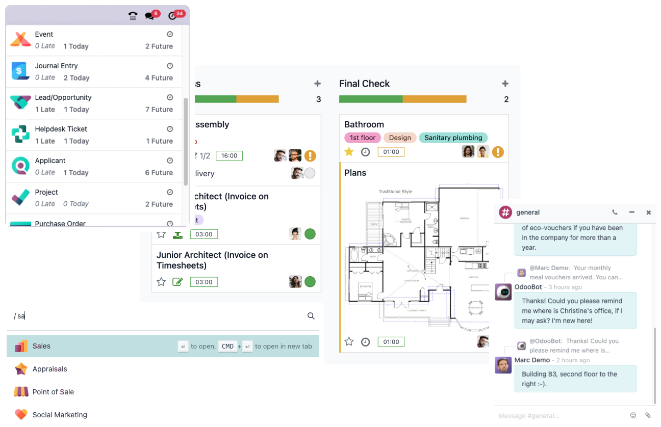 Public Odoo image with several productivity and collaboration screens.