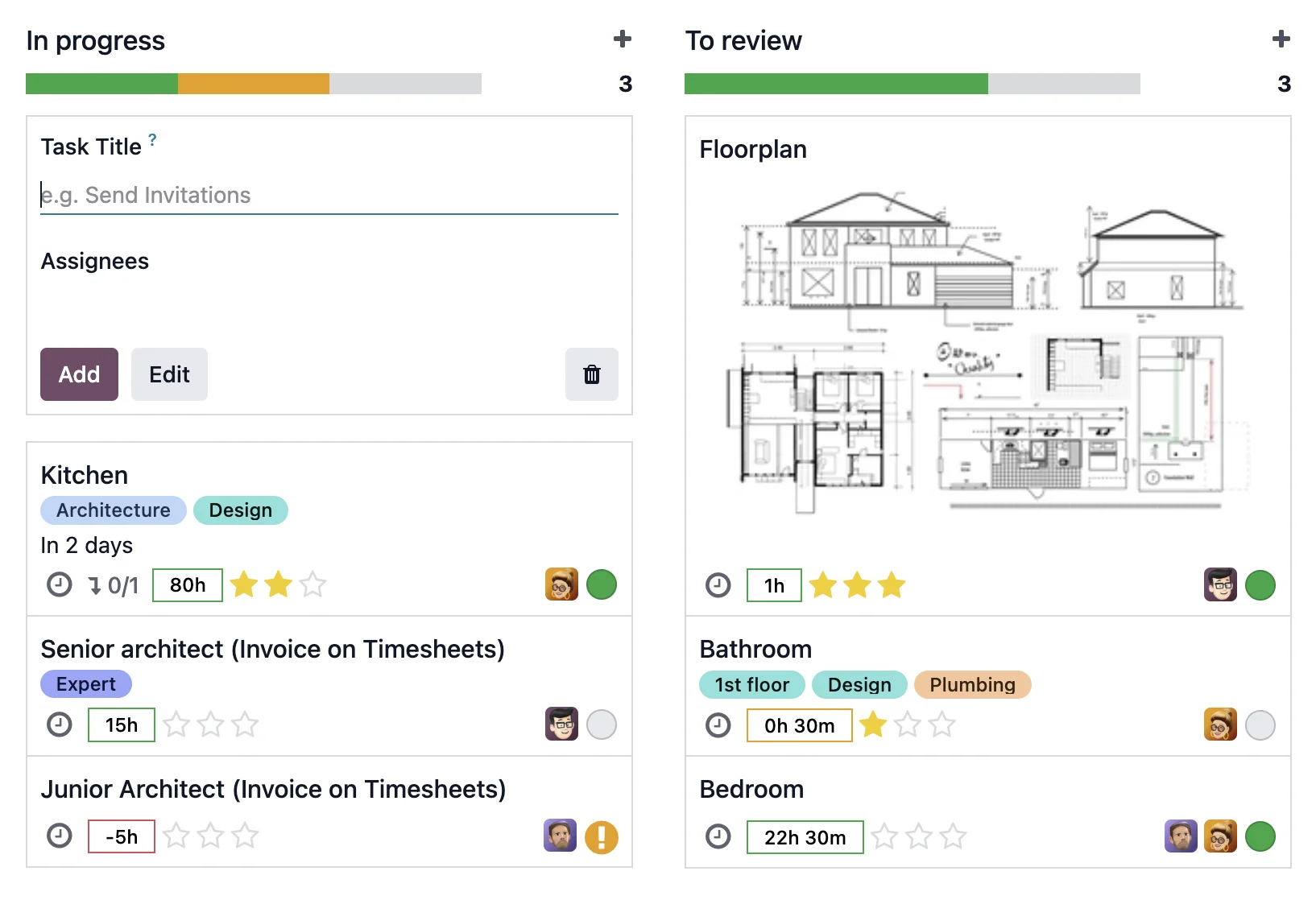 Public Odoo image with a task board and review columns.