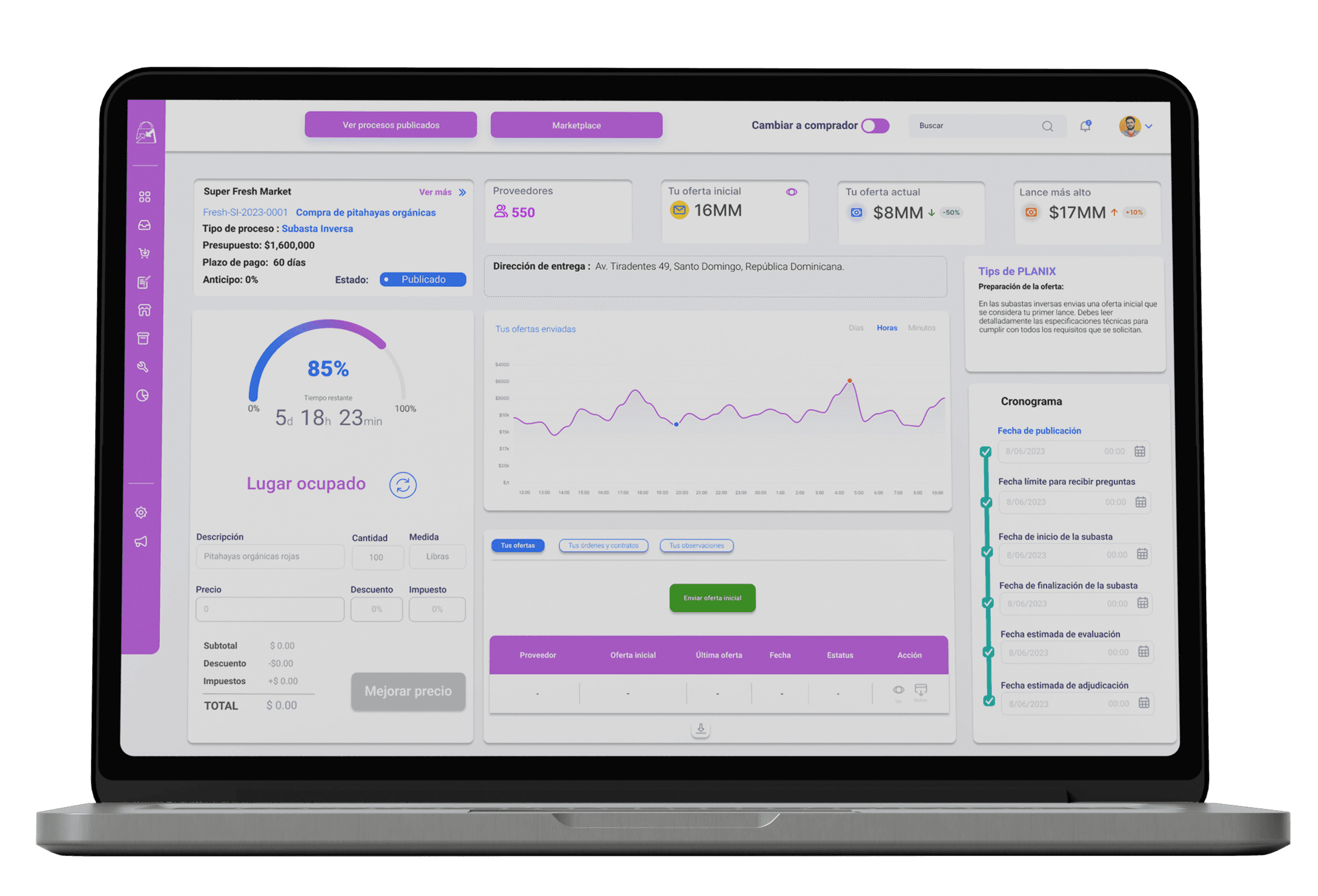Public Planix screen with reverse auction detail.