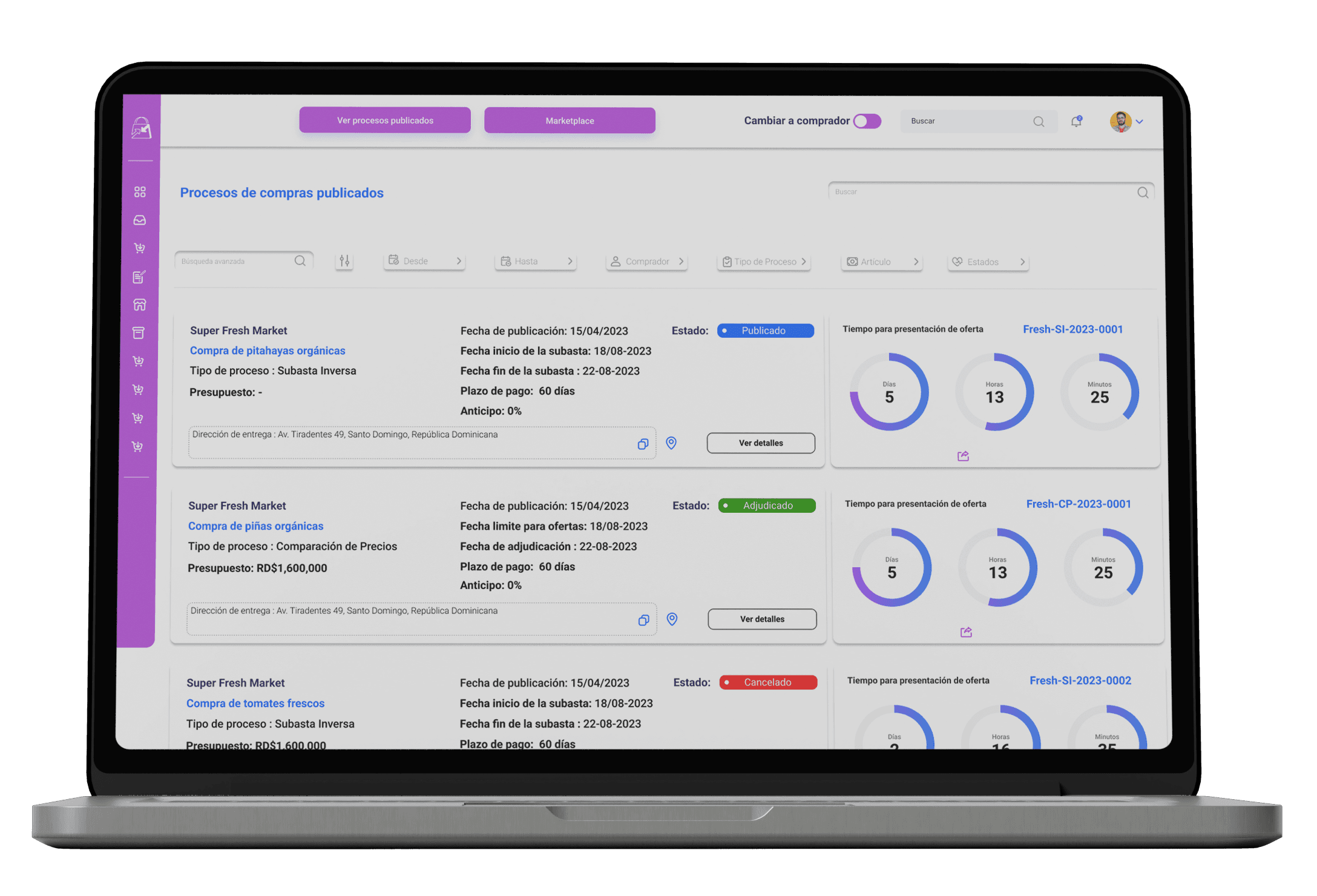 Public Planix screen with published purchasing processes.